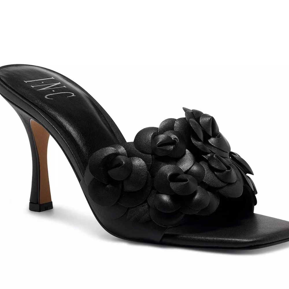 INC Weslyn Black Flower Heeled Slides Size 9 Statement Mule Sanda